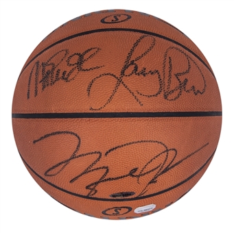 Michael Jordan, Larry Bird and Magic Johnson Triple Signed Official NBA Game Basketball (UDA, Mounted Memories, Shwartz & Bird Holo) 